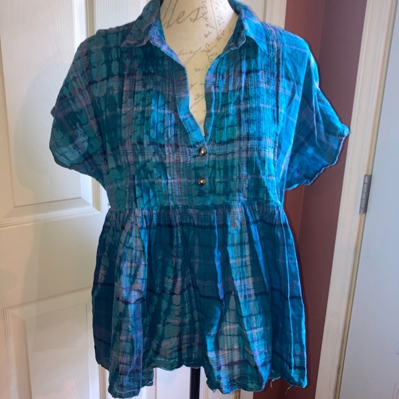 Lucky Brand Short Sleeve Babydoll Tunic Top Blue Tie Dye Lightweight sz Medium - Picture 6 of 10